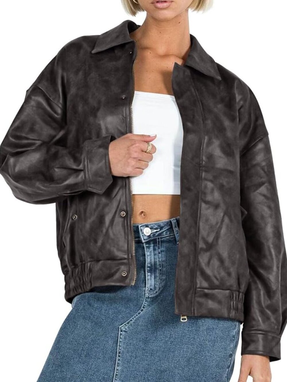 Women's black Grey Faux Leather Zip Up Buttons Long Sleeves Collared Jackets